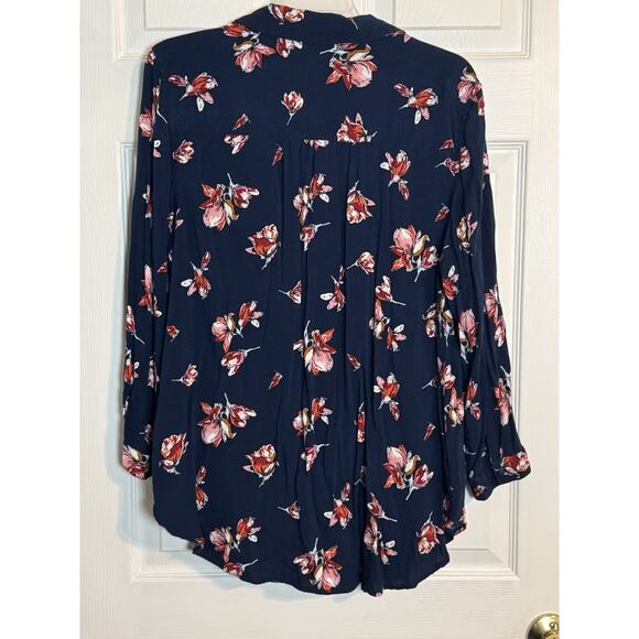 Caffe Marrahesh Blue Button Up With Pink/Red Floral Print, Rayon, Large - Picture 2 of 6